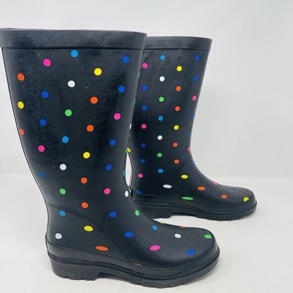 Sugar Womens Size 6M Raffle Tall Rubber Rain Boots in Black Fiesta Polka Dot $65 - Picture 4 of 9